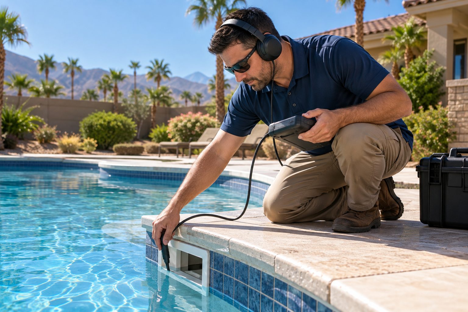 Technician testing a pool skimmer with leak detection equipment