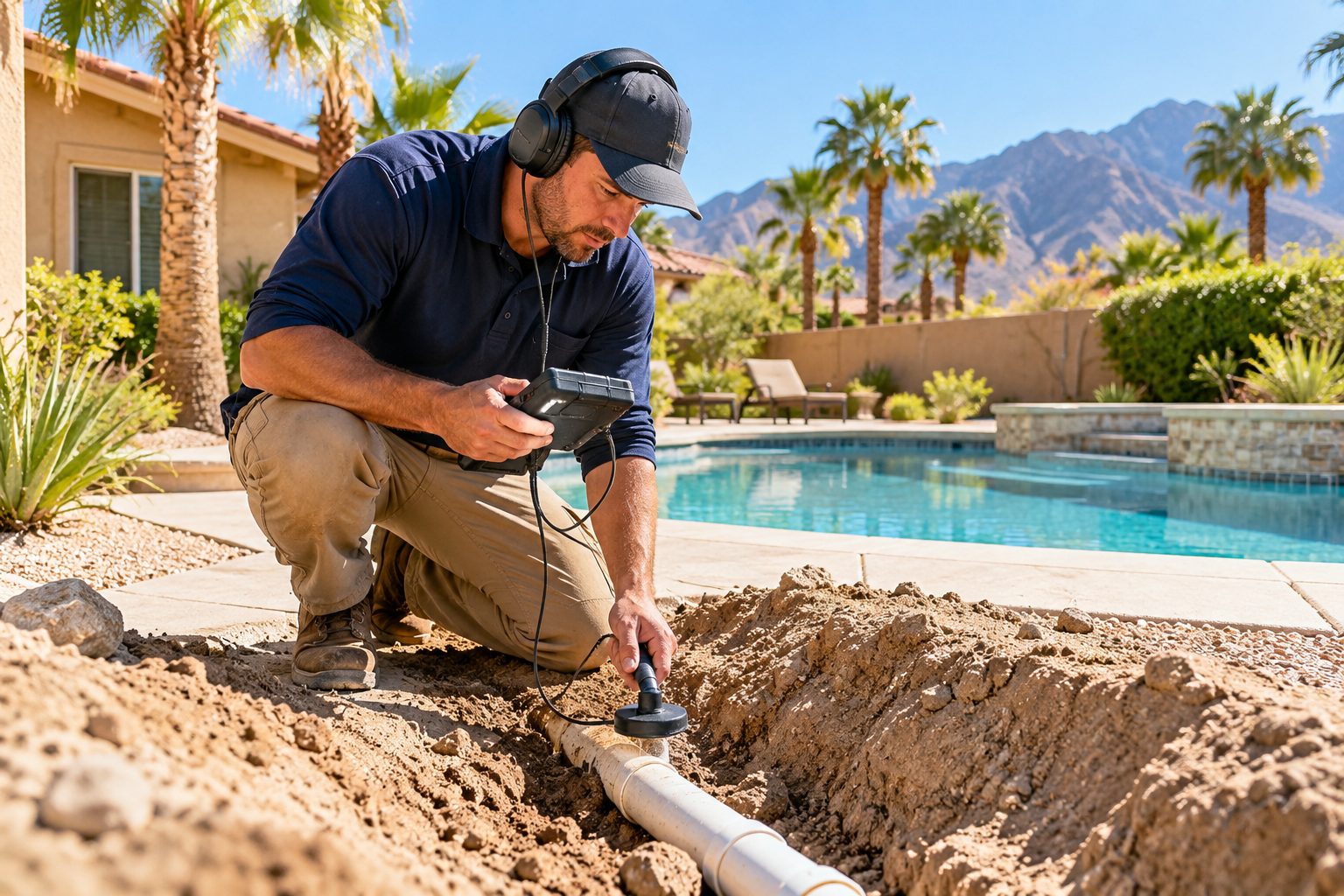 Technician testing buried pool plumbing for an underground leak